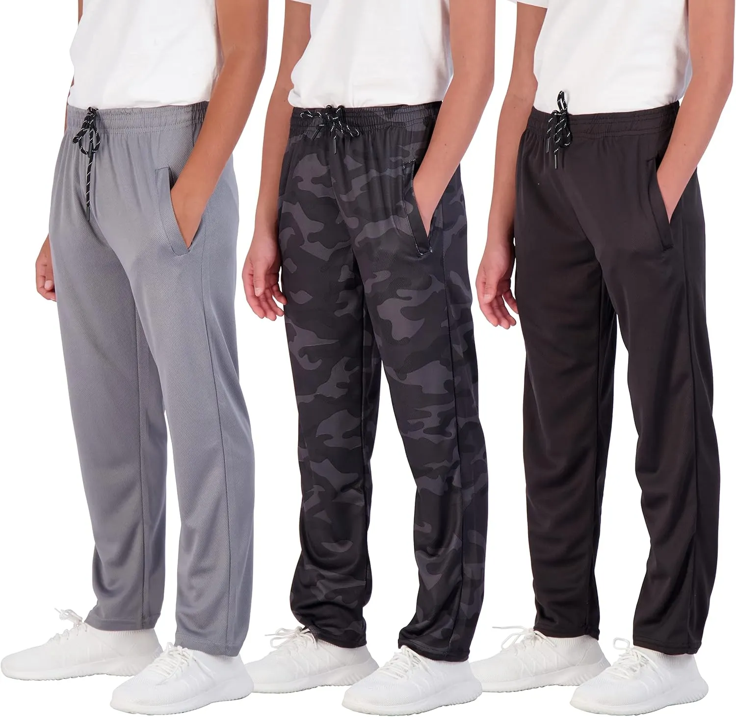 Real Essentials 3 Pack: Boys' Mesh Open Bottom Active Sweatpants with Pockets & Drawstring