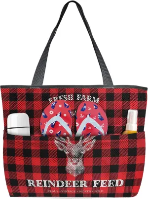 Red Elk Head Farm Christmas Reindeer Feed Beach Tote Bag for Women, Black Red Plaid Mesh Beach Bags Waterproof Sandproof, Outdoor Picnic Swim Pool Handbag - Large Beach Bag with Zipper and Pockets