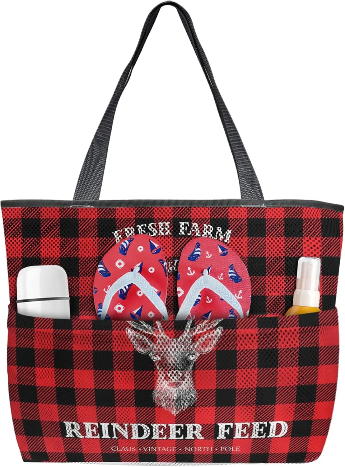 Red Elk Head Farm Christmas Reindeer Feed Beach Tote Bag for Women, Black Red Plaid Mesh Beach Bags Waterproof Sandproof, Outdoor Picnic Swim Pool Handbag - Large Beach Bag with Zipper and Pockets