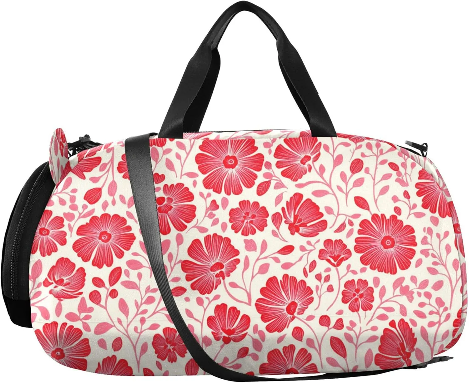 Red Flowers Floral Girl's Gym Duffel Bag with Shoes Compartment Large Capacity Personal Item Travel Bag for Travel, Sports, Duffel, Weekender