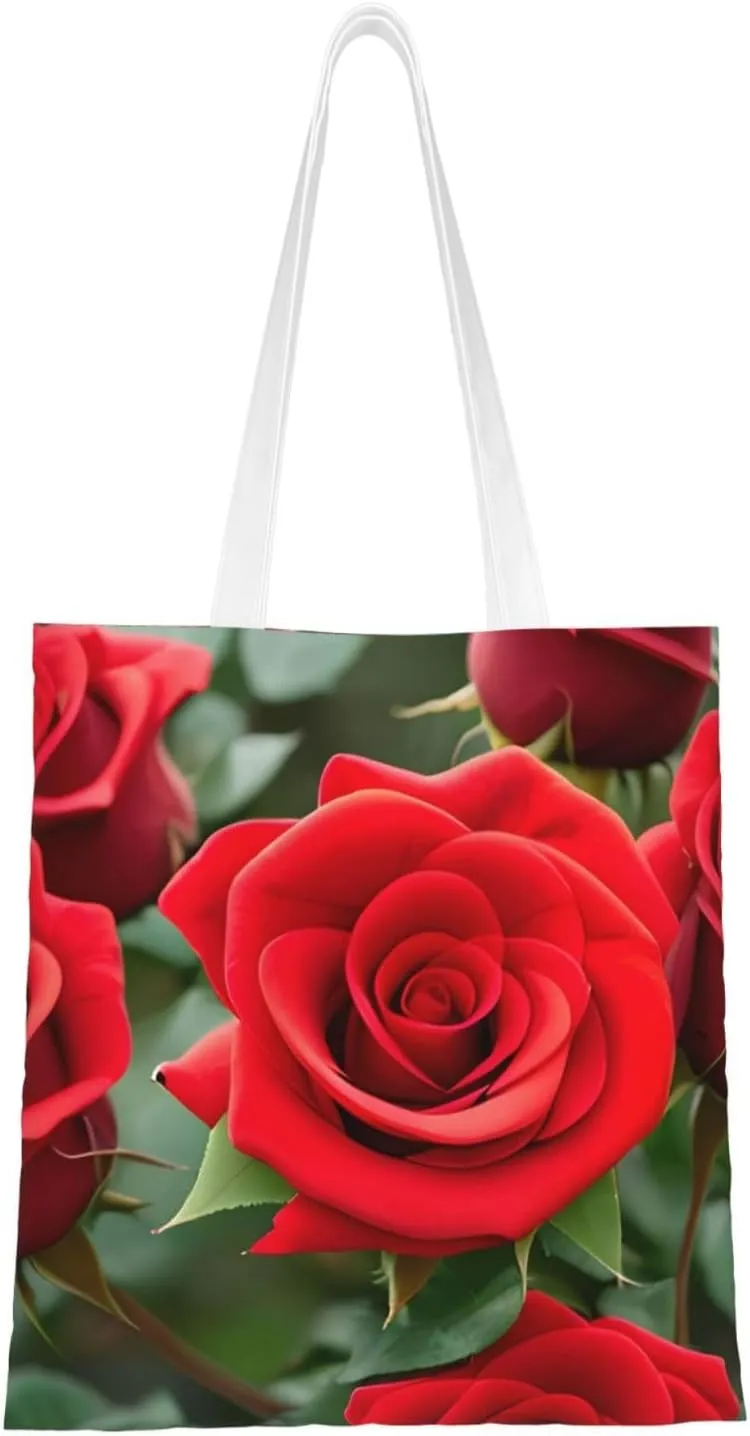 Red Rose Flowers Print Canvas Tote Bag Reusable Shoulder Shopping Bags For Daily Use Shopping Travel