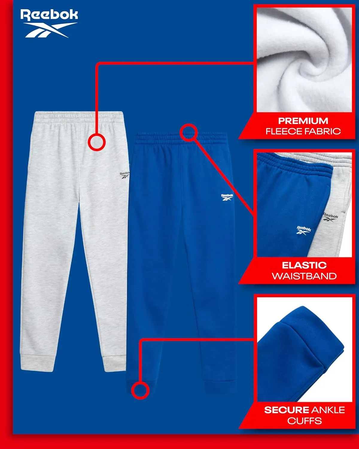 Reebok Boys Sweatpants - 2 Pack Performance Spun Fleece Boys Joggers Athletic Pants with Pockets for Running & Workout (8-14)