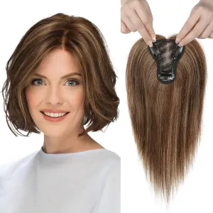 REECHO Real Human Hair Topper, 10 inch Women Hair Toppers for Thinning Hair, 100 Percent Human Hair Large Coverage Natural Hairpiece Wiglet, Standard Base 3.5"x2", Medium Brown with Highlights