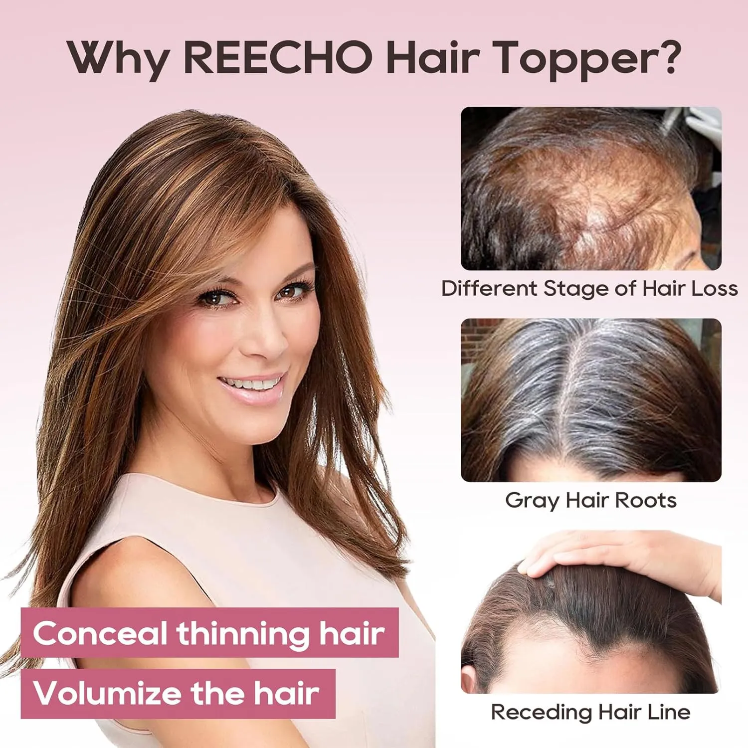REECHO Real Human Hair Topper, 10 inch Women Hair Toppers for Thinning Hair, 100 Percent Human Hair Large Coverage Natural Hairpiece Wiglet, Standard Base 3.5"x2", Medium Brown with Highlights