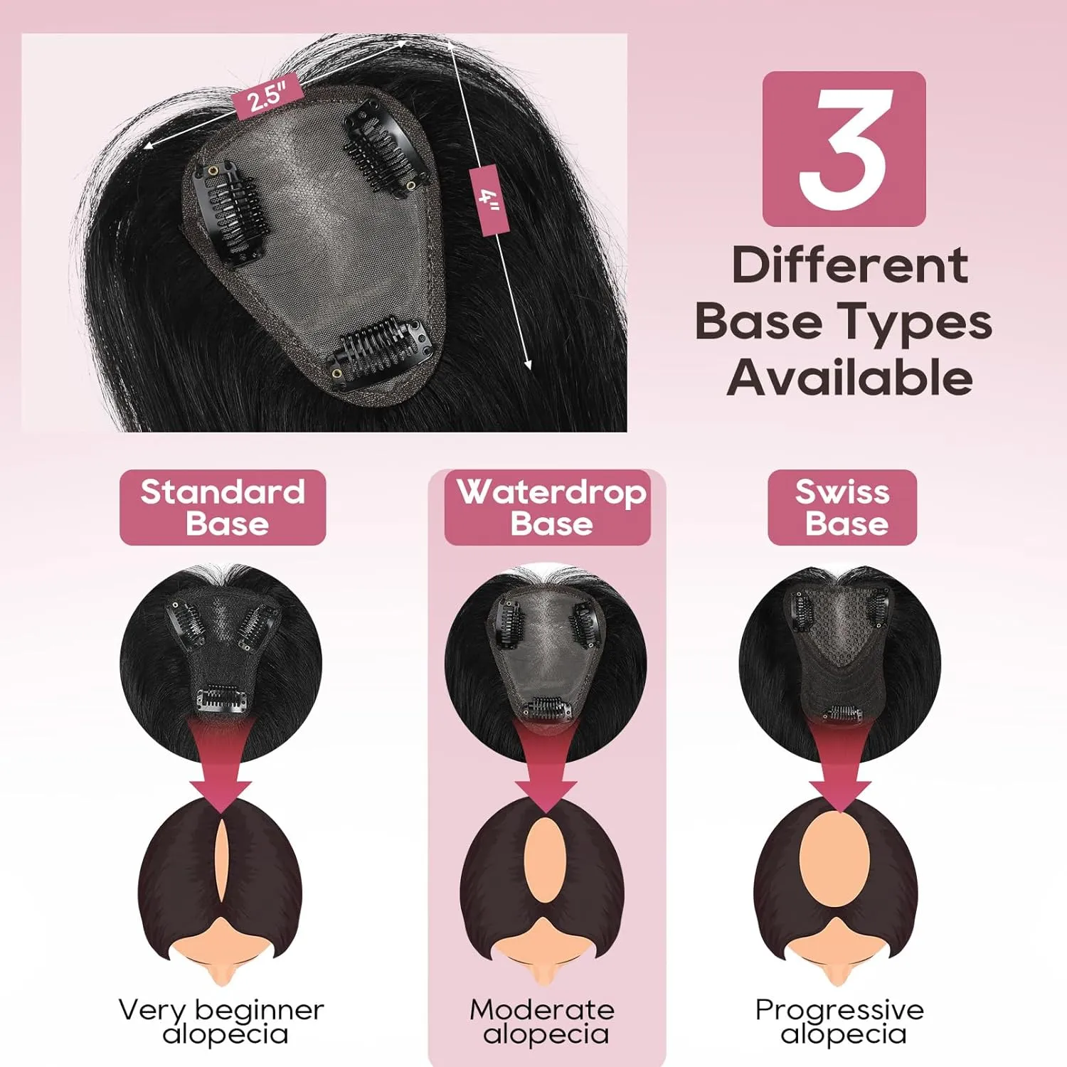 REECHO Real Human Hair Topper, 10 inch Women Hair Toppers for Thinning Hair, 100 Percent Human Hair Large Coverage Natural Hairpiece Wiglet, Waterdrop Base 2.5"x4", Natural Black