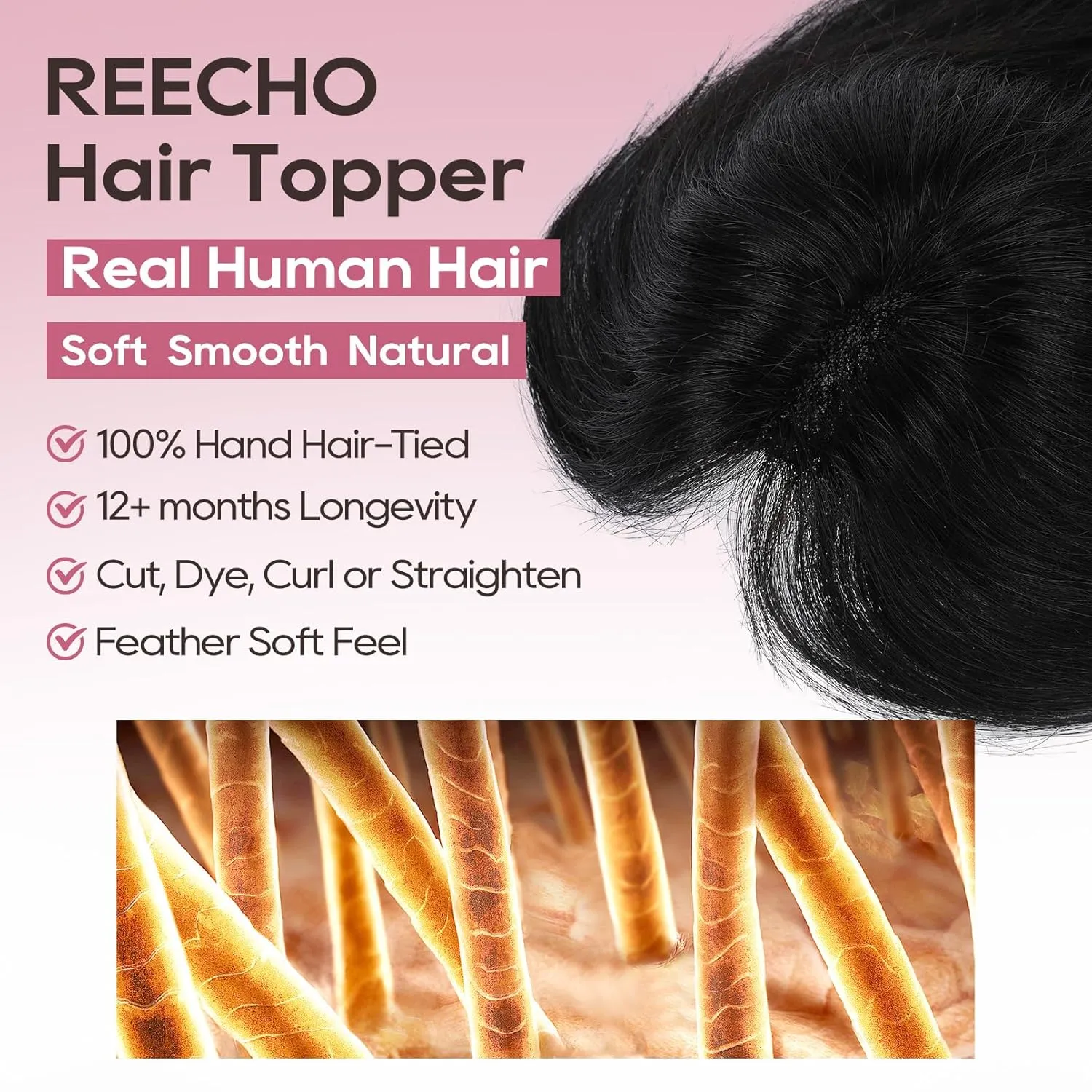 REECHO Real Human Hair Topper, 10 inch Women Hair Toppers for Thinning Hair, 100 Percent Human Hair Large Coverage Natural Hairpiece Wiglet, Waterdrop Base 2.5"x4", Natural Black
