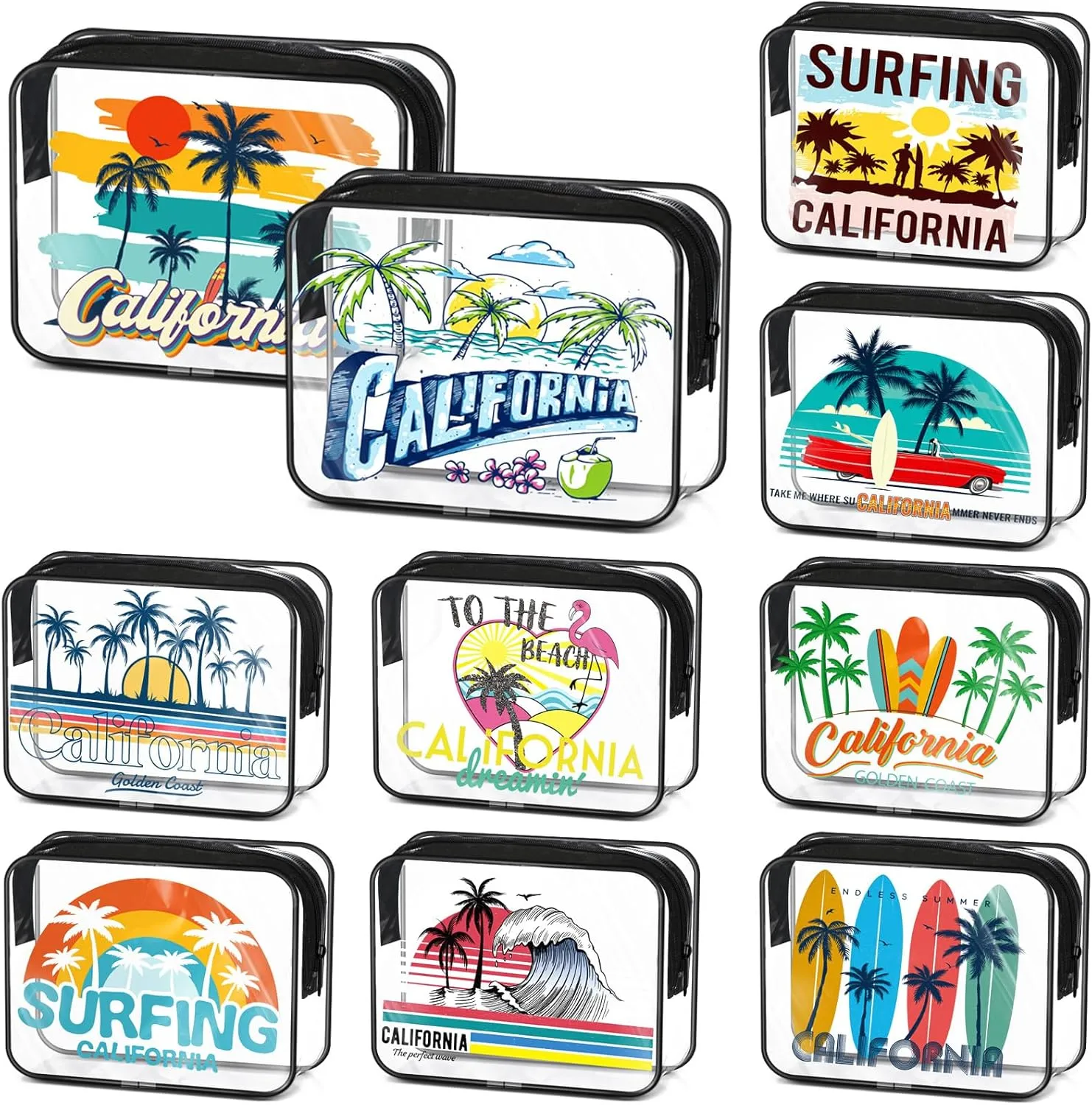 Reginary 10 Pcs California Souvenirs and Gifts Clear Beach Cosmetic Bags PVC Plastic Makeup Bags Waterproof Toiletry Handbags with Zipper Survival Kit Pouch Gifts for Women Travel Summer Vacation