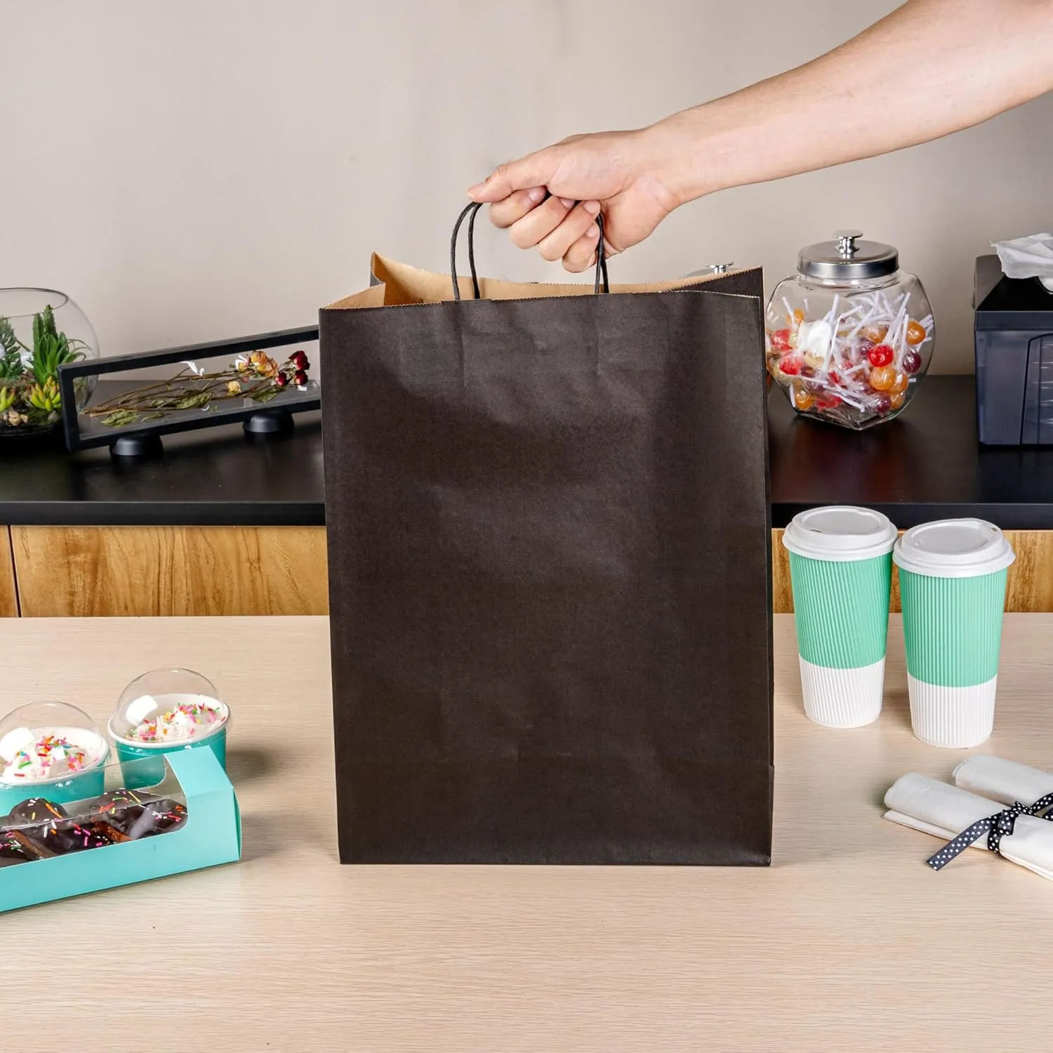Restaurantware - Saving Nature 12.6 x 6.3 x 16.9 Inch Paper Shopping Bags, 100 Sturdy Bags with Handles - Durable, for Groceries, Black Paper Retail Handle Bags, for Gifts