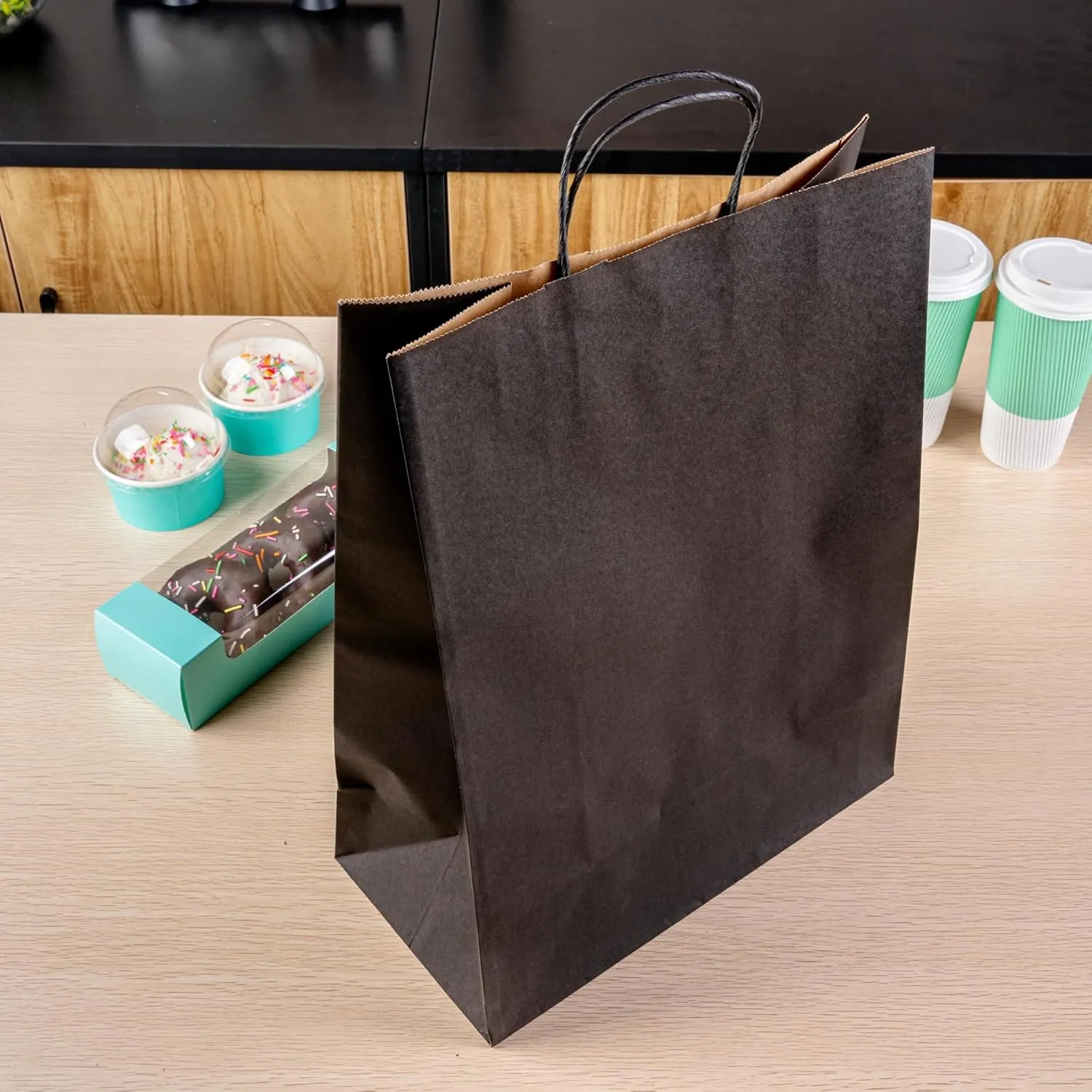 Restaurantware - Saving Nature 12.6 x 6.3 x 16.9 Inch Paper Shopping Bags, 100 Sturdy Bags with Handles - Durable, for Groceries, Black Paper Retail Handle Bags, for Gifts