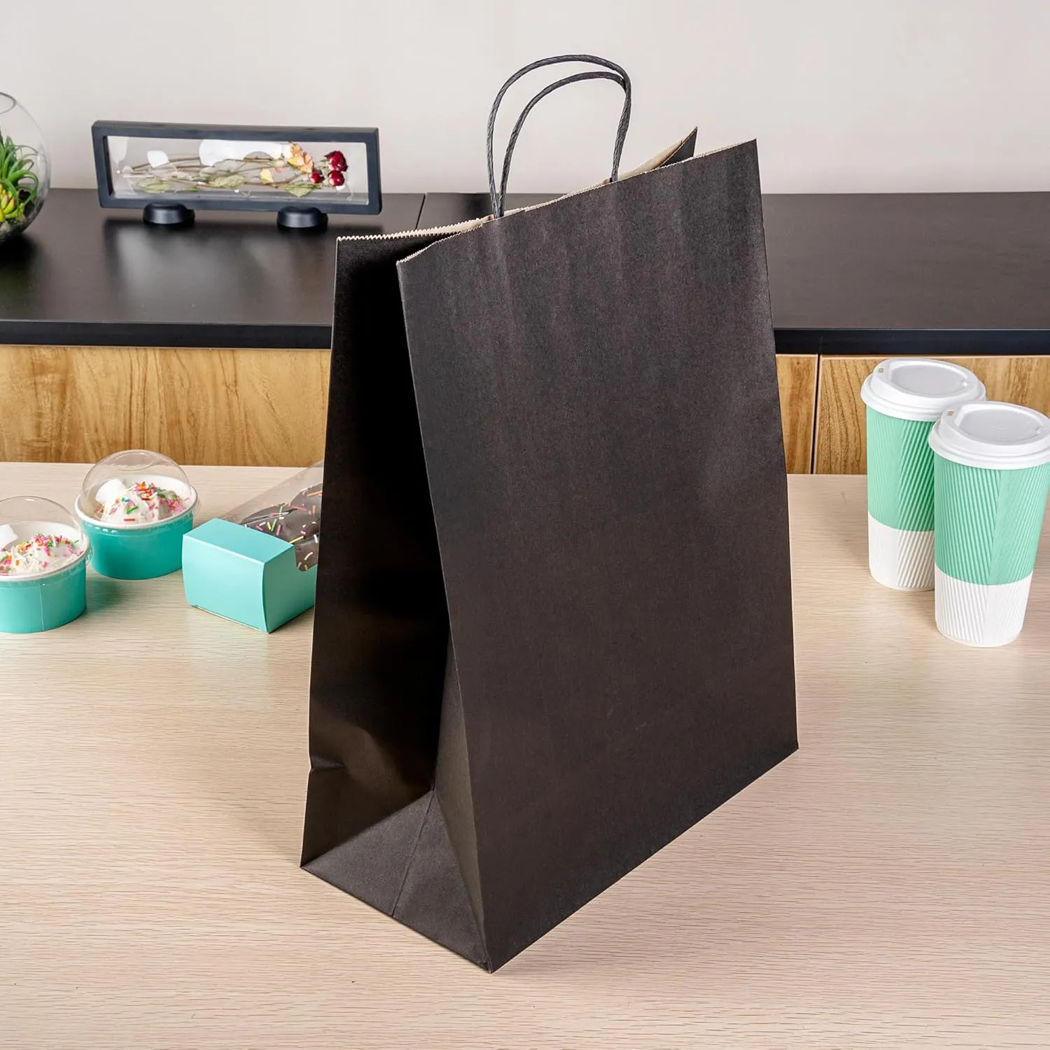 Restaurantware - Saving Nature 12.6 x 6.3 x 16.9 Inch Paper Shopping Bags, 100 Sturdy Bags with Handles - Durable, for Groceries, Black Paper Retail Handle Bags, for Gifts