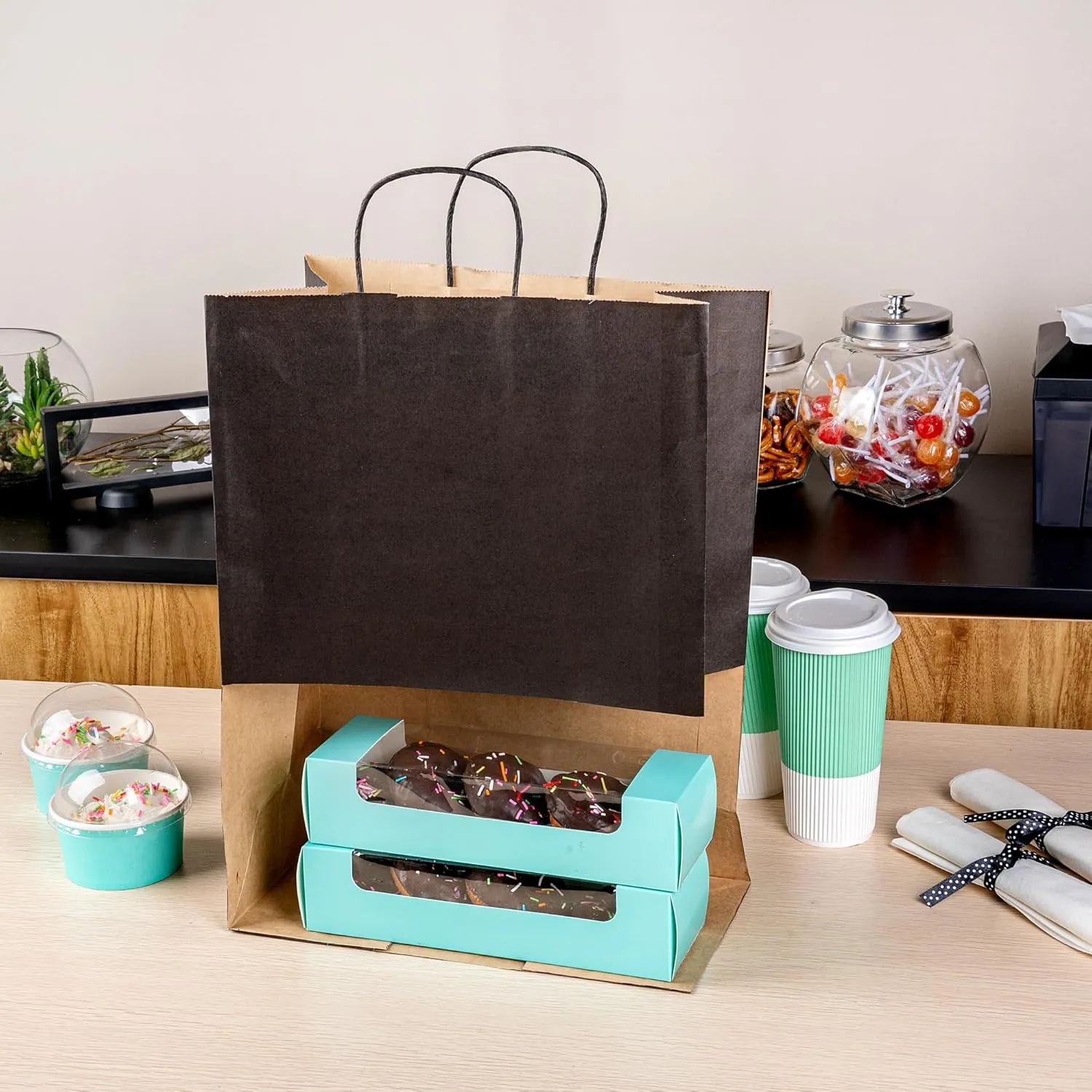 Restaurantware - Saving Nature 12.6 x 6.3 x 16.9 Inch Paper Shopping Bags, 100 Sturdy Bags with Handles - Durable, for Groceries, Black Paper Retail Handle Bags, for Gifts
