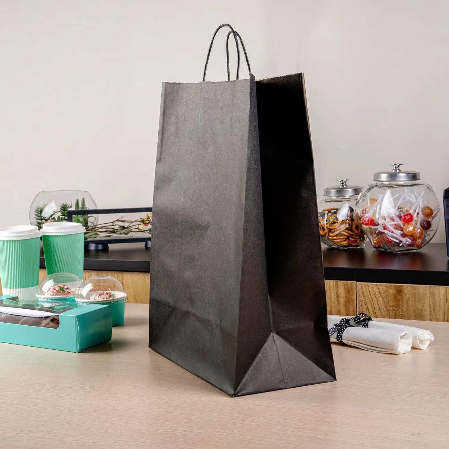 Restaurantware - Saving Nature 12.6 x 6.3 x 16.9 Inch Paper Shopping Bags, 100 Sturdy Bags with Handles - Durable, for Groceries, Black Paper Retail Handle Bags, for Gifts