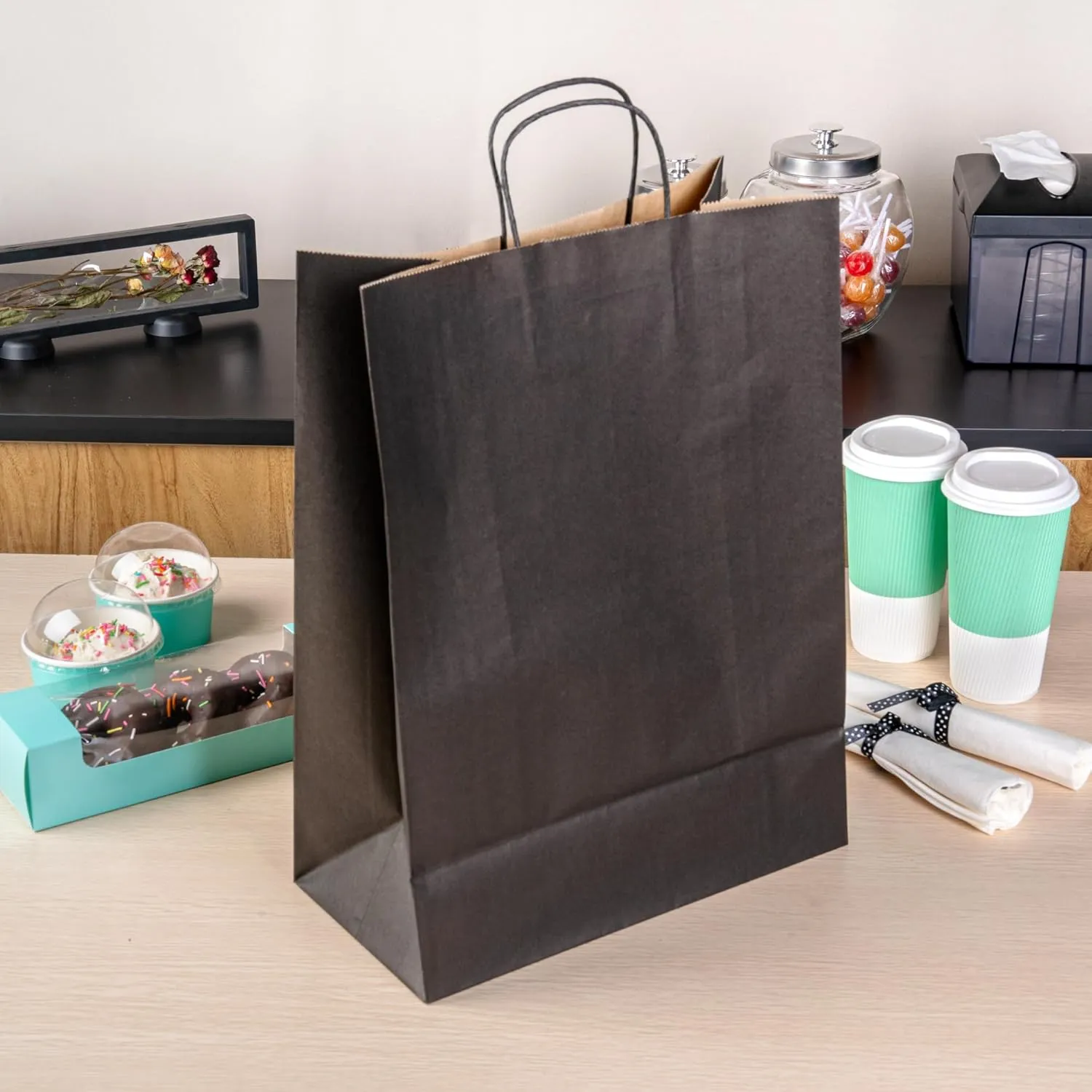 Restaurantware - Saving Nature 12.6 x 6.3 x 16.9 Inch Paper Shopping Bags, 100 Sturdy Bags with Handles - Durable, for Groceries, Black Paper Retail Handle Bags, for Gifts
