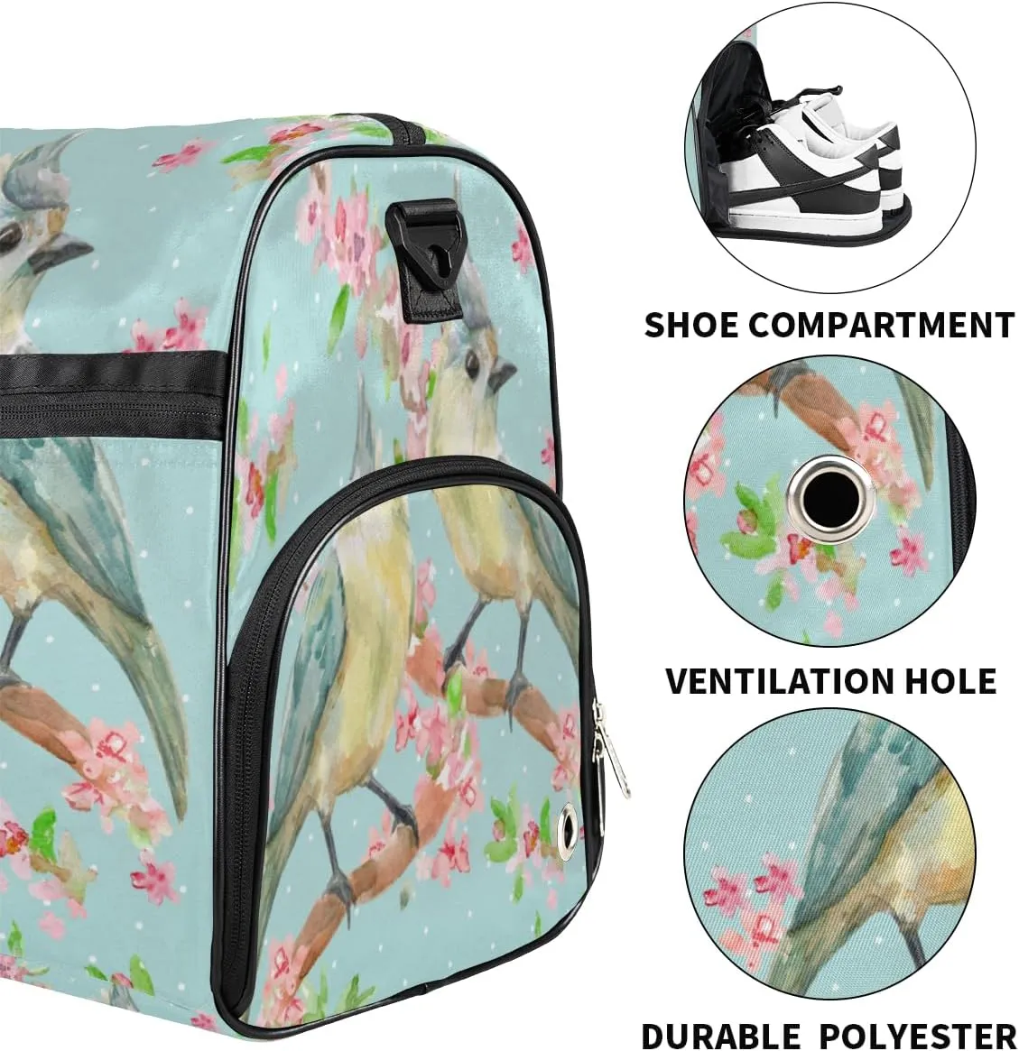 Retro Bird Sports Gym Bag for Women Men Travel Duffel Bag with Wet Pocket & Shoes Compartment Waterproof Weekender Overnight Tote Carry on Bag Lightweight