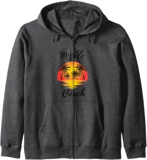 Retro Cool Myrtle Beach Mens Womens SC Novelty Sunset Palm Zip Hoodie