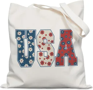 Retro Floral USA Tote Bag, America Patriotic Canvas Tote Bags for Women, Red White and Blue USA Tote Bag, Reusable Grocery Bags Shopping Bags