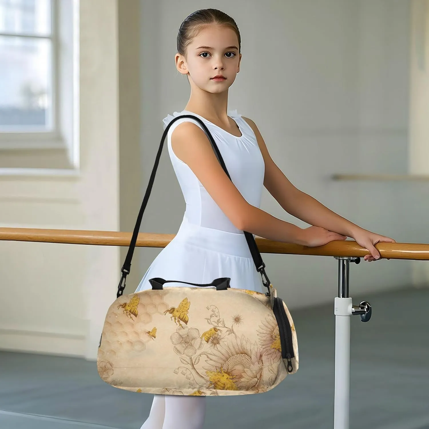 Retro Hand Drawn Honey Bees and Sunflowers Boy's Gym Duffel Bag with Shoes Compartment Large Capacity Weekend Overnight Carry on Bag for Boys and Girls