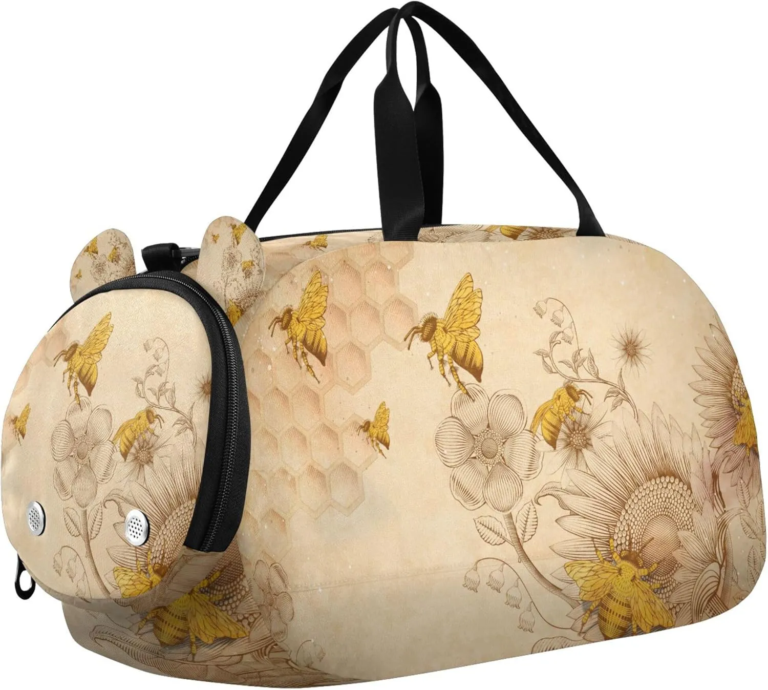 Retro Hand Drawn Honey Bees and Sunflowers Boy's Gym Duffel Bag with Shoes Compartment Large Capacity Weekend Overnight Carry on Bag for Boys and Girls
