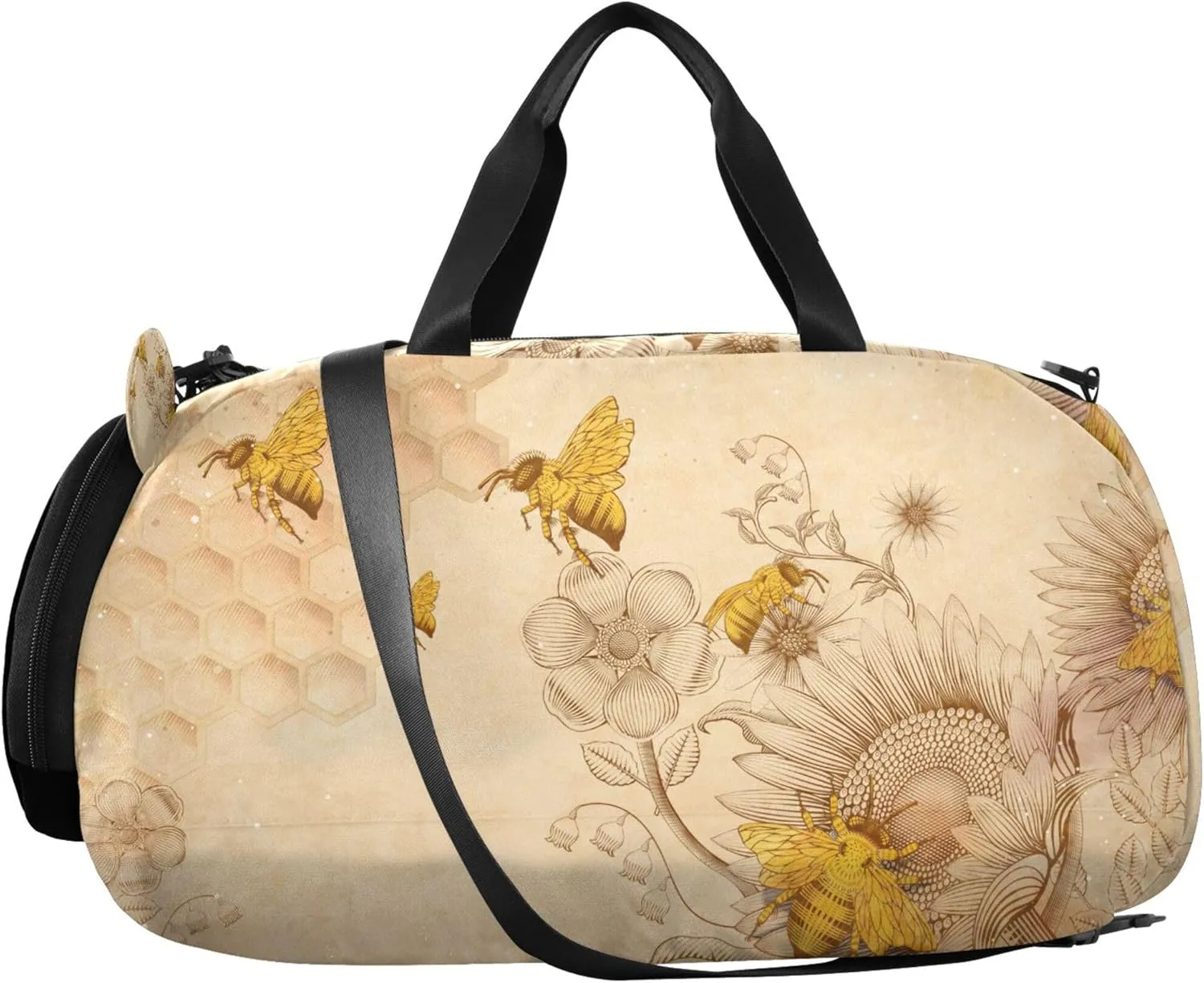 Retro Hand Drawn Honey Bees and Sunflowers Boy's Gym Duffel Bag with Shoes Compartment Large Capacity Weekend Overnight Carry on Bag for Boys and Girls