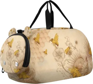 Retro Hand Drawn Honey Bees and Sunflowers Boy's Gym Duffel Bag with Shoes Compartment Large Capacity Weekend Overnight Carry on Bag for Boys and Girls
