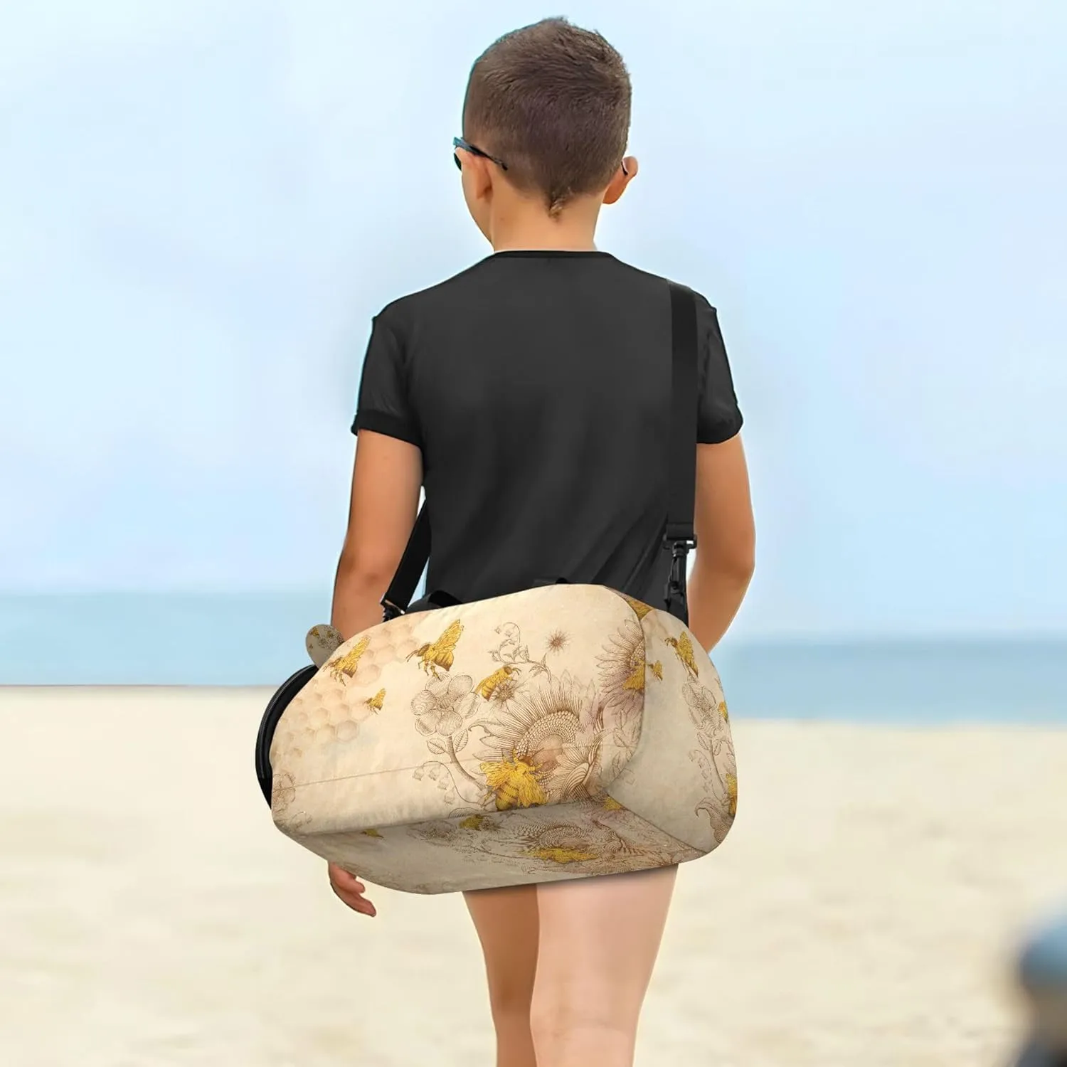 Retro Hand Drawn Honey Bees and Sunflowers Boy's Gym Duffel Bag with Shoes Compartment Large Capacity Weekend Overnight Carry on Bag for Boys and Girls