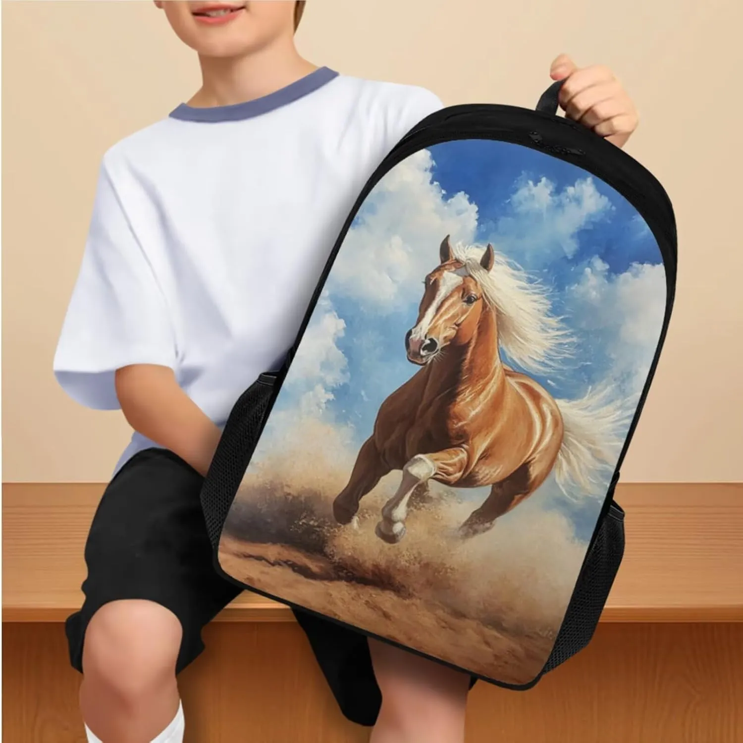Retro Horse Backpack for Boys 4 Piece Backpack Set with Lunch Box Pencil Box Water Bottle 17inch Kids 3rd 5th Grade Shoulder Bag Bookbag Daypack for Boys Comfort Easy to Clean