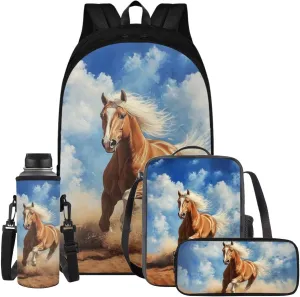 Retro Horse Backpack for Boys 4 Piece Backpack Set with Lunch Box Pencil Box Water Bottle 17inch Kids 3rd 5th Grade Shoulder Bag Bookbag Daypack for Boys Comfort Easy to Clean