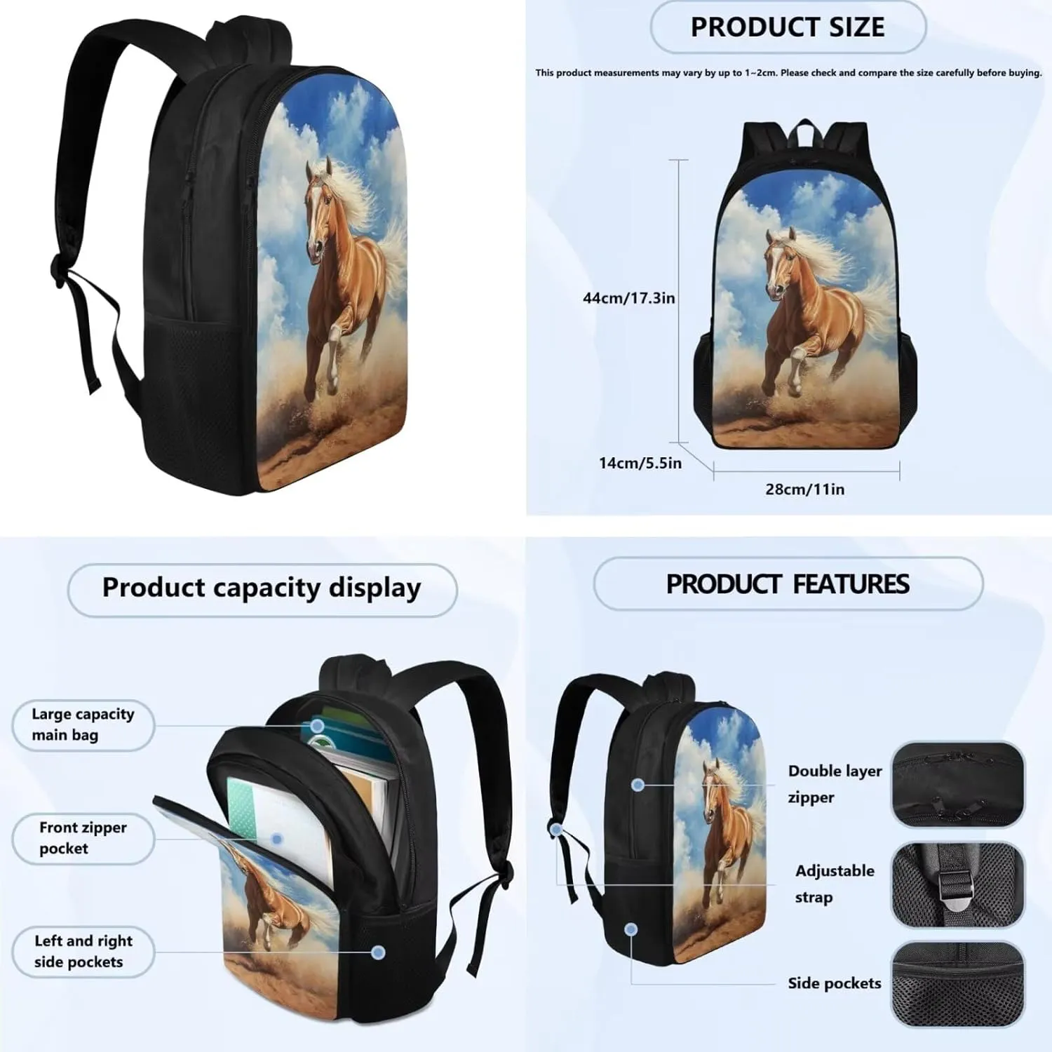 Retro Horse Backpack for Boys 4 Piece Backpack Set with Lunch Box Pencil Box Water Bottle 17inch Kids 3rd 5th Grade Shoulder Bag Bookbag Daypack for Boys Comfort Easy to Clean