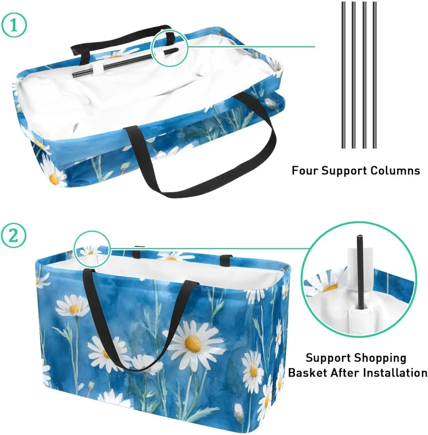 Reusable Grocery Bag Heavy Duty Shopping Tote Bag Foldable with Reinforced Handle, Chamomile Flowers on Blue Background