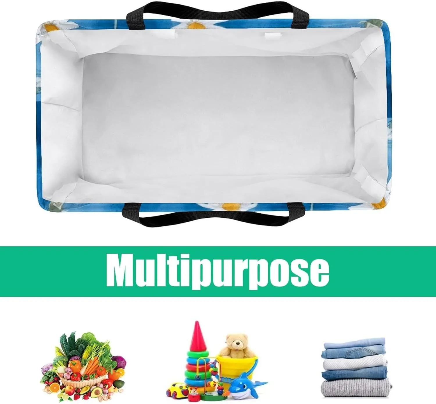 Reusable Grocery Bag Heavy Duty Shopping Tote Bag Foldable with Reinforced Handle, Chamomile Flowers on Blue Background