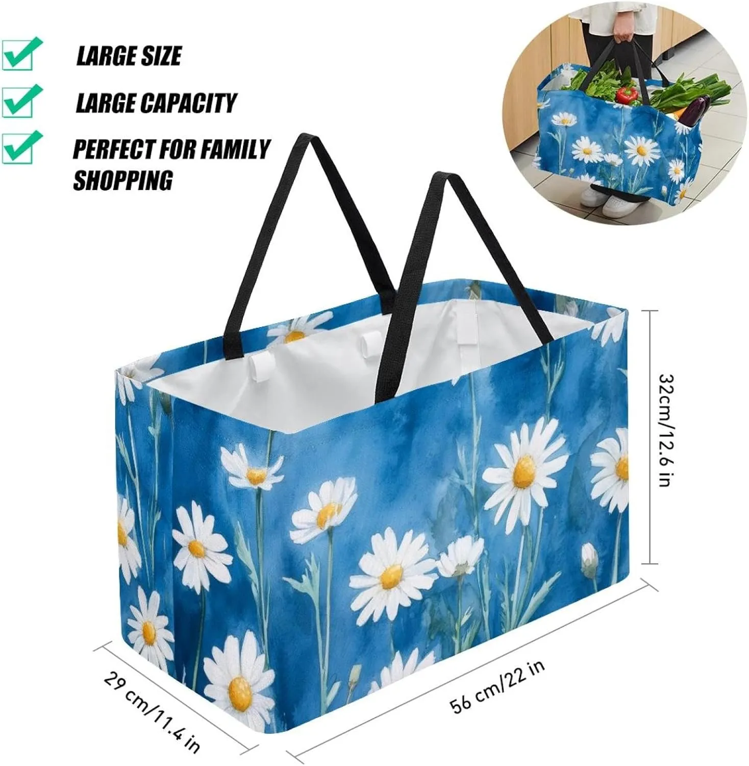 Reusable Grocery Bag Heavy Duty Shopping Tote Bag Foldable with Reinforced Handle, Chamomile Flowers on Blue Background