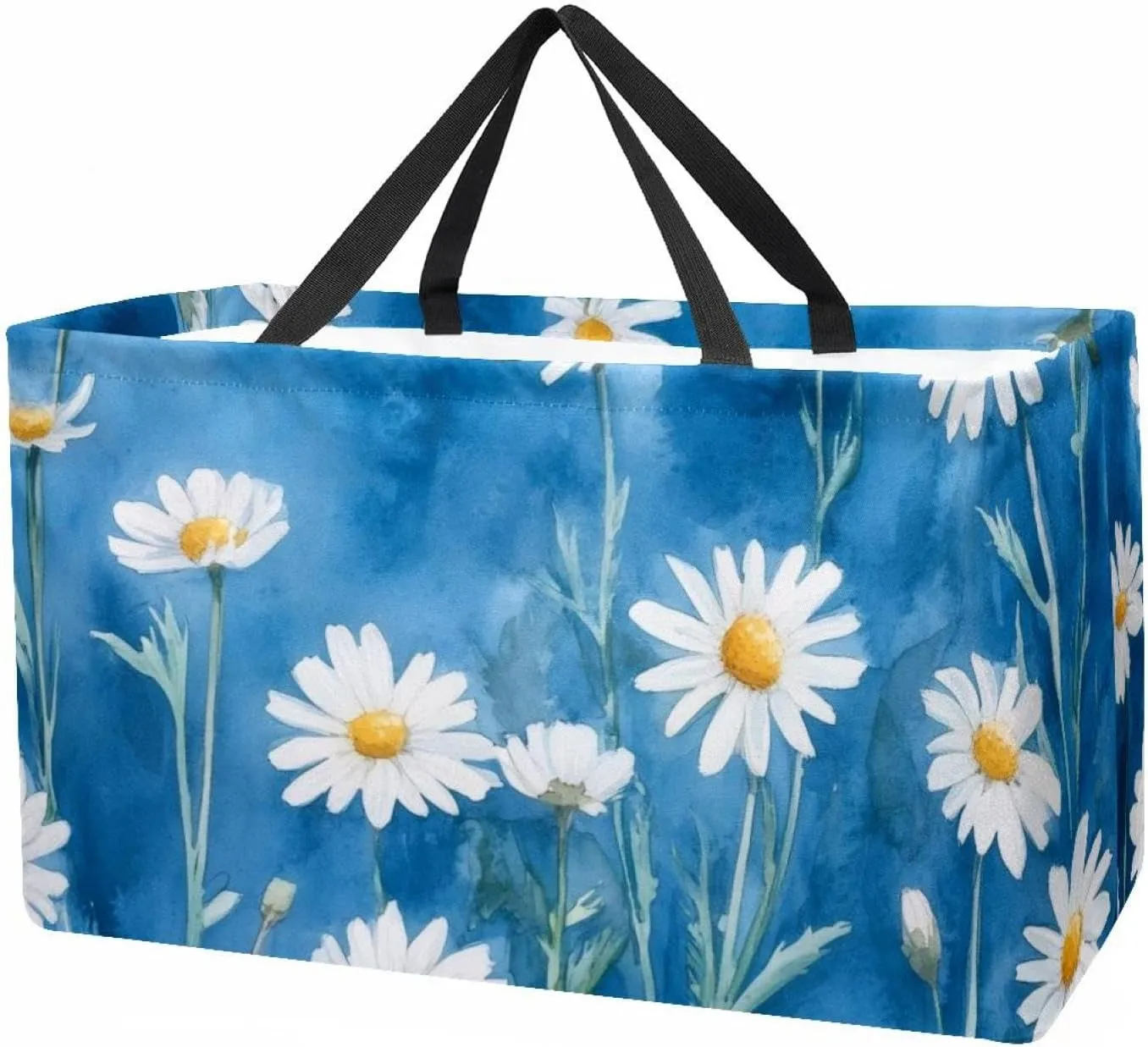Reusable Grocery Bag Heavy Duty Shopping Tote Bag Foldable with Reinforced Handle, Chamomile Flowers on Blue Background
