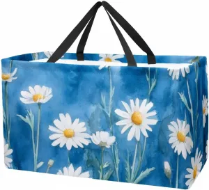 Reusable Grocery Bag Heavy Duty Shopping Tote Bag Foldable with Reinforced Handle, Chamomile Flowers on Blue Background