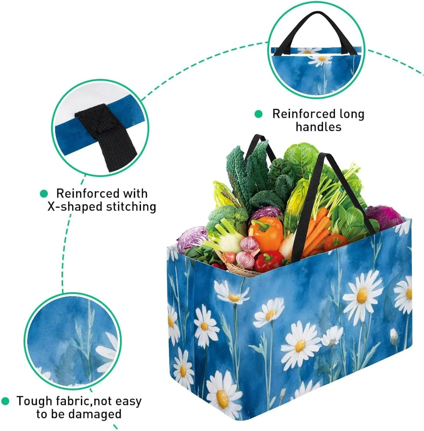 Reusable Grocery Bag Heavy Duty Shopping Tote Bag Foldable with Reinforced Handle, Chamomile Flowers on Blue Background