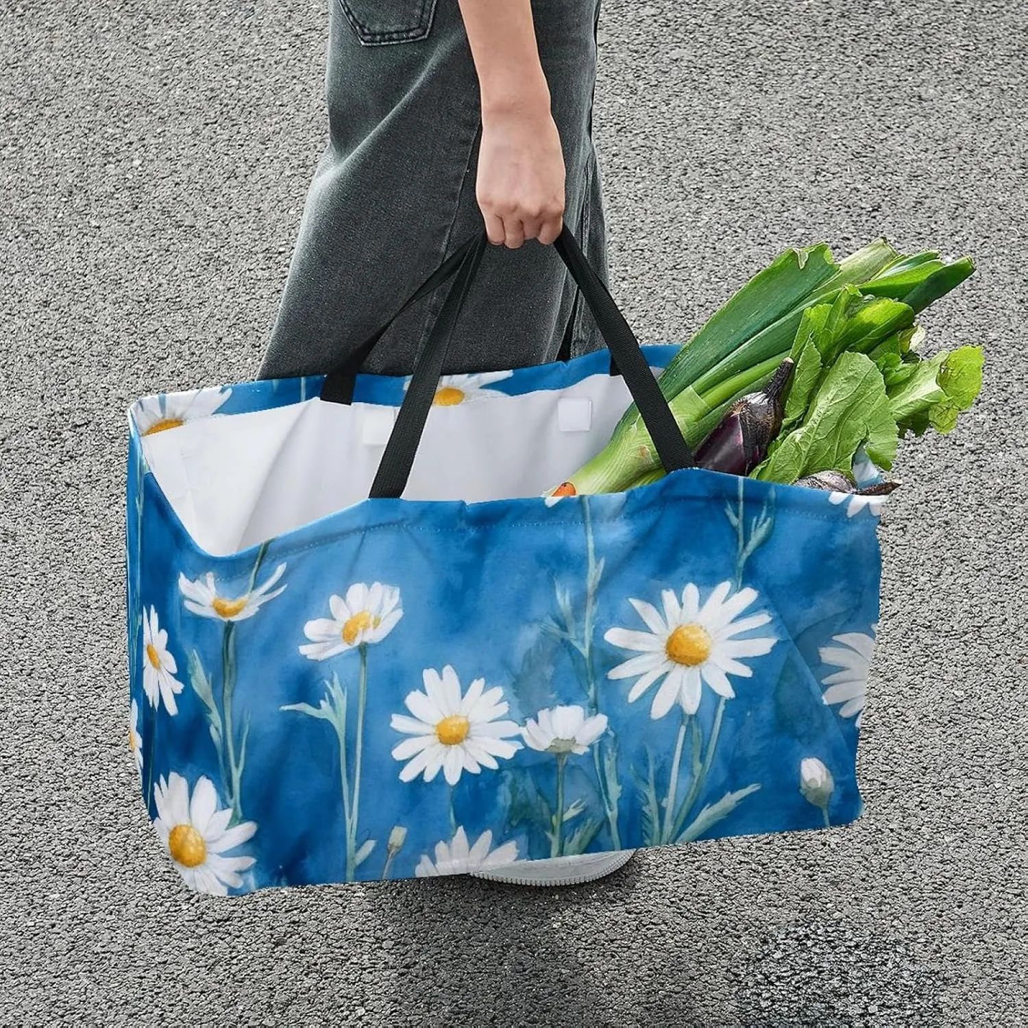 Reusable Grocery Bag Heavy Duty Shopping Tote Bag Foldable with Reinforced Handle, Chamomile Flowers on Blue Background