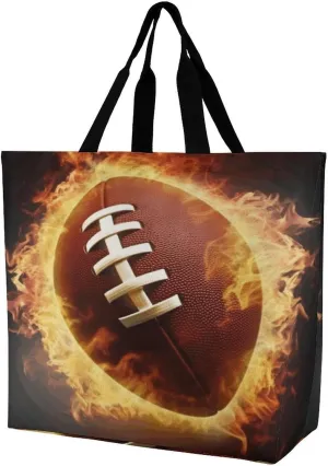 Reusable Grocery Bags,Flaming American Football Print Tote Bag,reusable Shopping Bags,unisex Portable Shoppers Bag for Work,Travel,Shopping