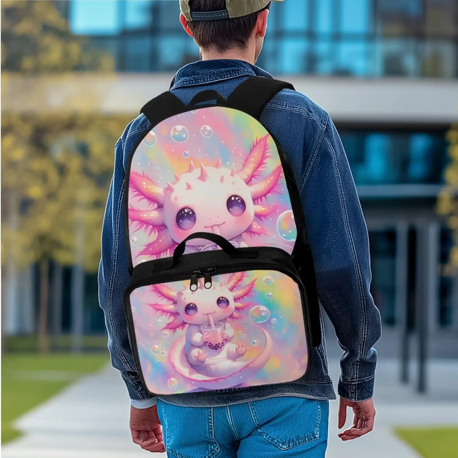 Rnyleeg Axolotl Backpack for Girls 6-8 Lightweight Girls Backpack 10-12 Years Old with Lunch Box 3 Pcs Bookbag Set for Elementary School Back to School Gifts