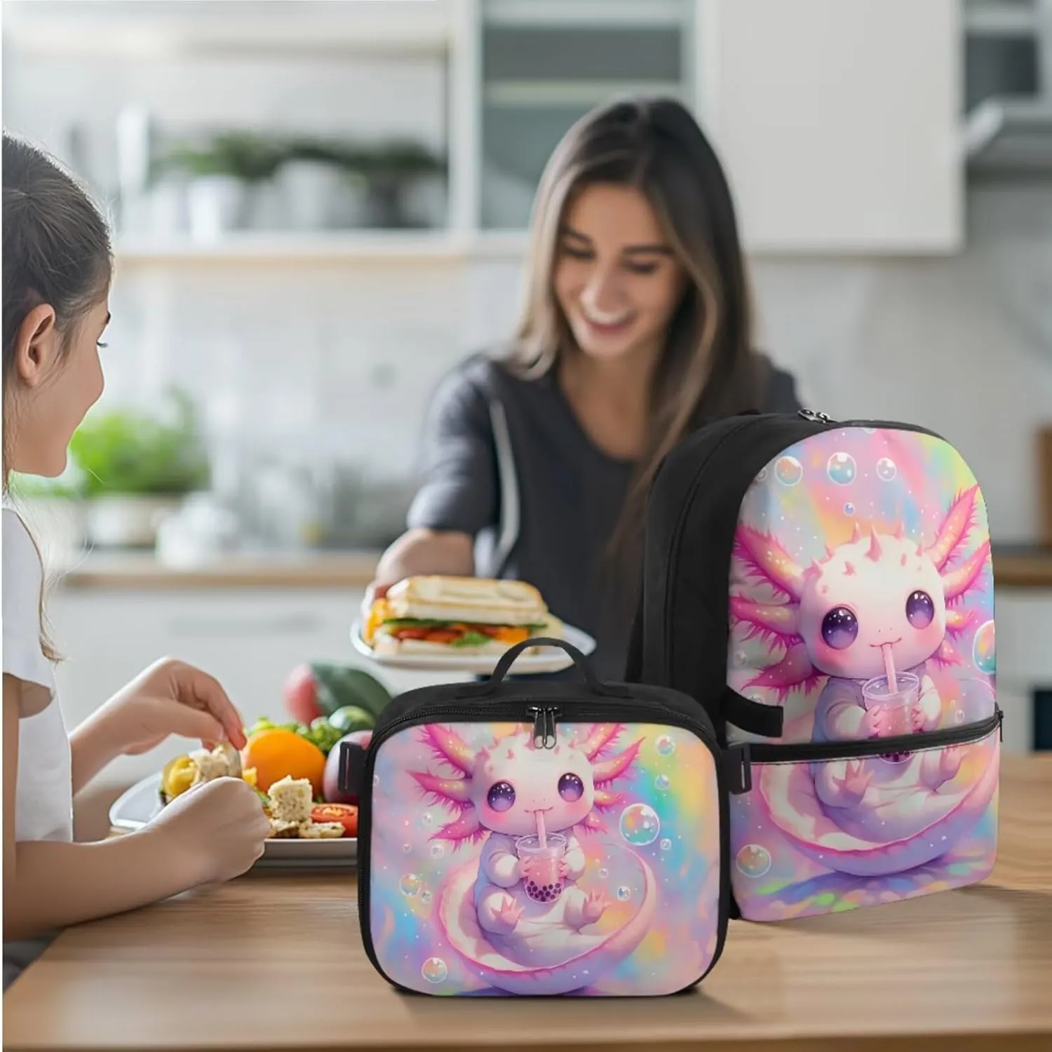 Rnyleeg Axolotl Backpack for Girls 6-8 Lightweight Girls Backpack 10-12 Years Old with Lunch Box 3 Pcs Bookbag Set for Elementary School Back to School Gifts