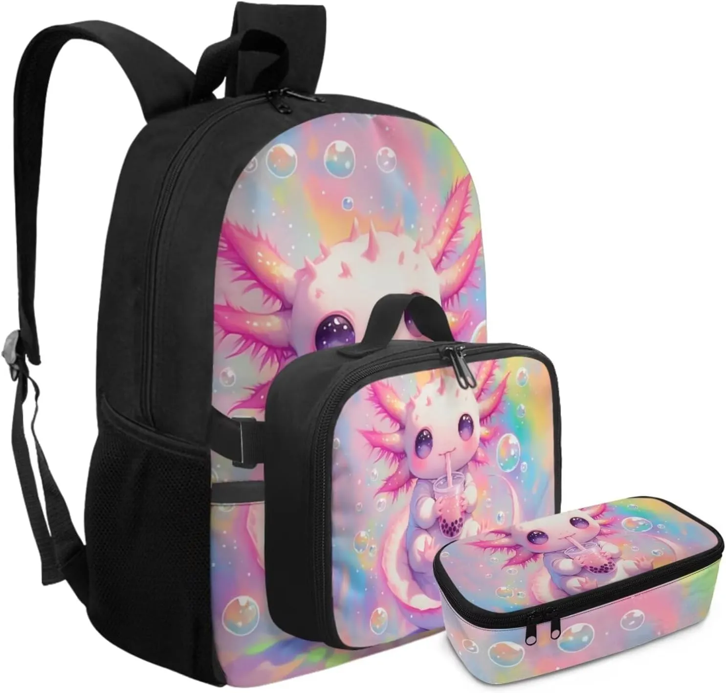 Rnyleeg Axolotl Backpack for Girls 6-8 Lightweight Girls Backpack 10-12 Years Old with Lunch Box 3 Pcs Bookbag Set for Elementary School Back to School Gifts