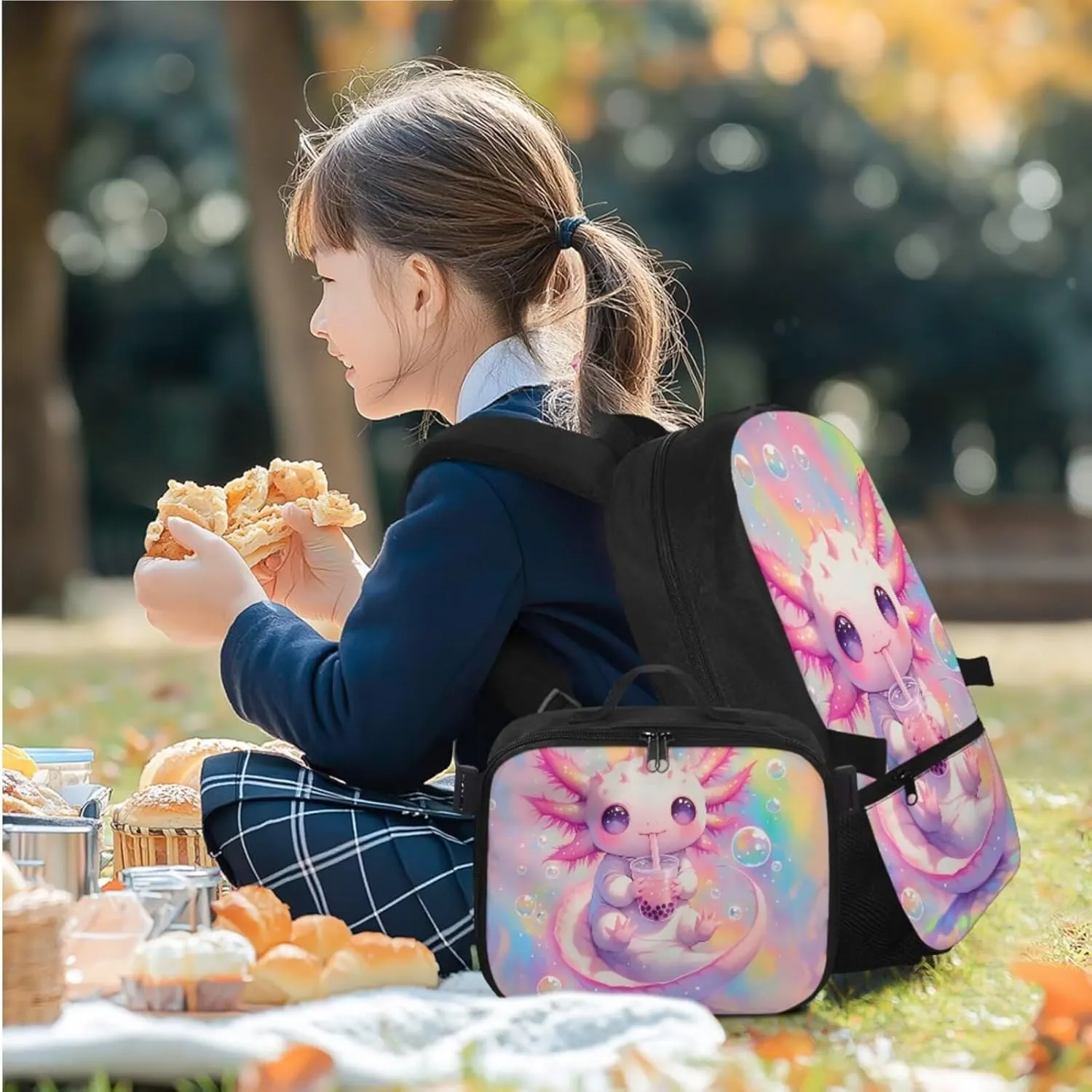 Rnyleeg Axolotl Backpack for Girls 6-8 Lightweight Girls Backpack 10-12 Years Old with Lunch Box 3 Pcs Bookbag Set for Elementary School Back to School Gifts