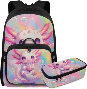 Rnyleeg Axolotl Backpack for Girls 6-8 Lightweight Girls Backpack 10-12 Years Old with Lunch Box 3 Pcs Bookbag Set for Elementary School Back to School Gifts