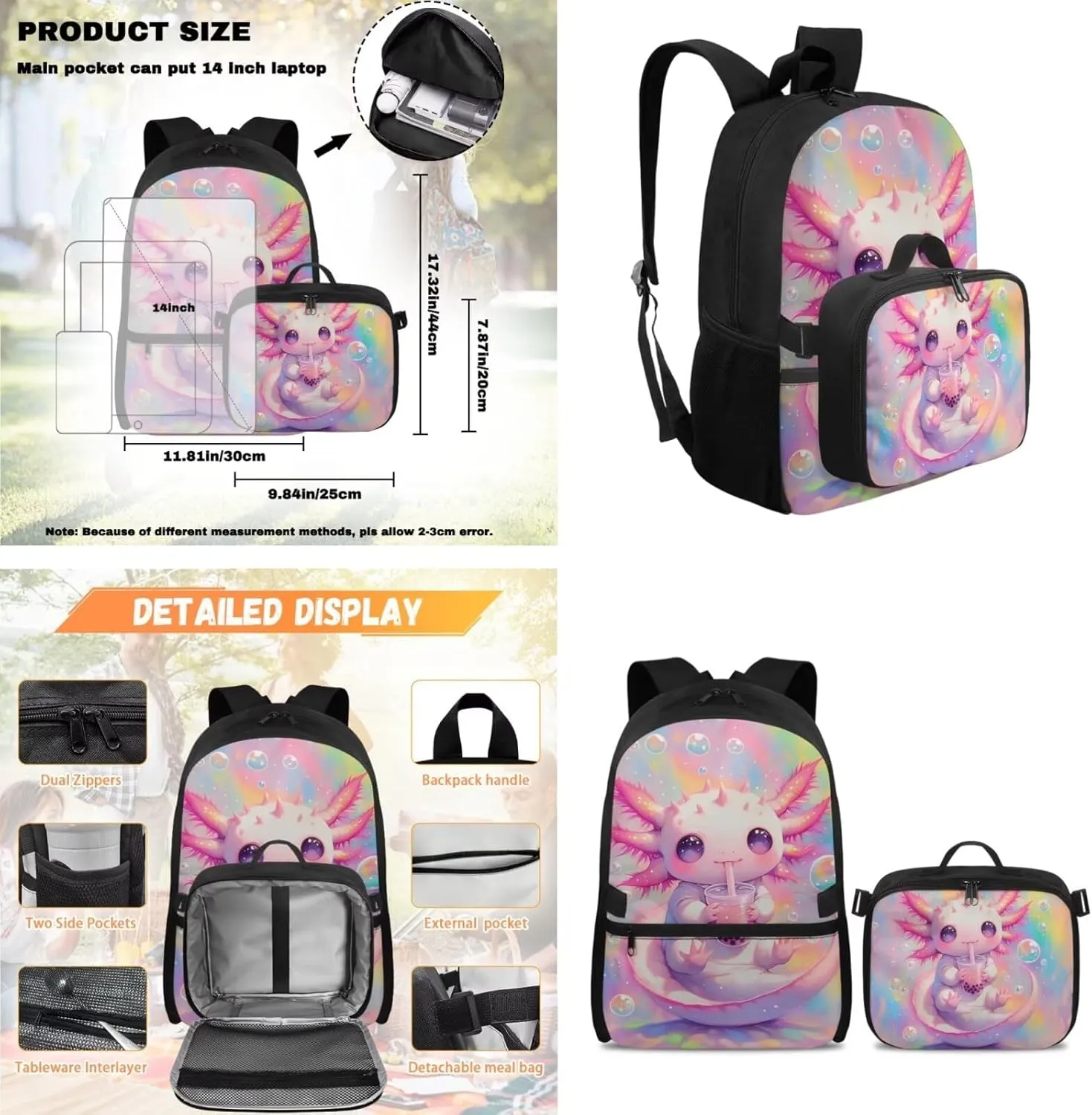 Rnyleeg Axolotl Backpack for Girls 6-8 Lightweight Girls Backpack 10-12 Years Old with Lunch Box 3 Pcs Bookbag Set for Elementary School Back to School Gifts
