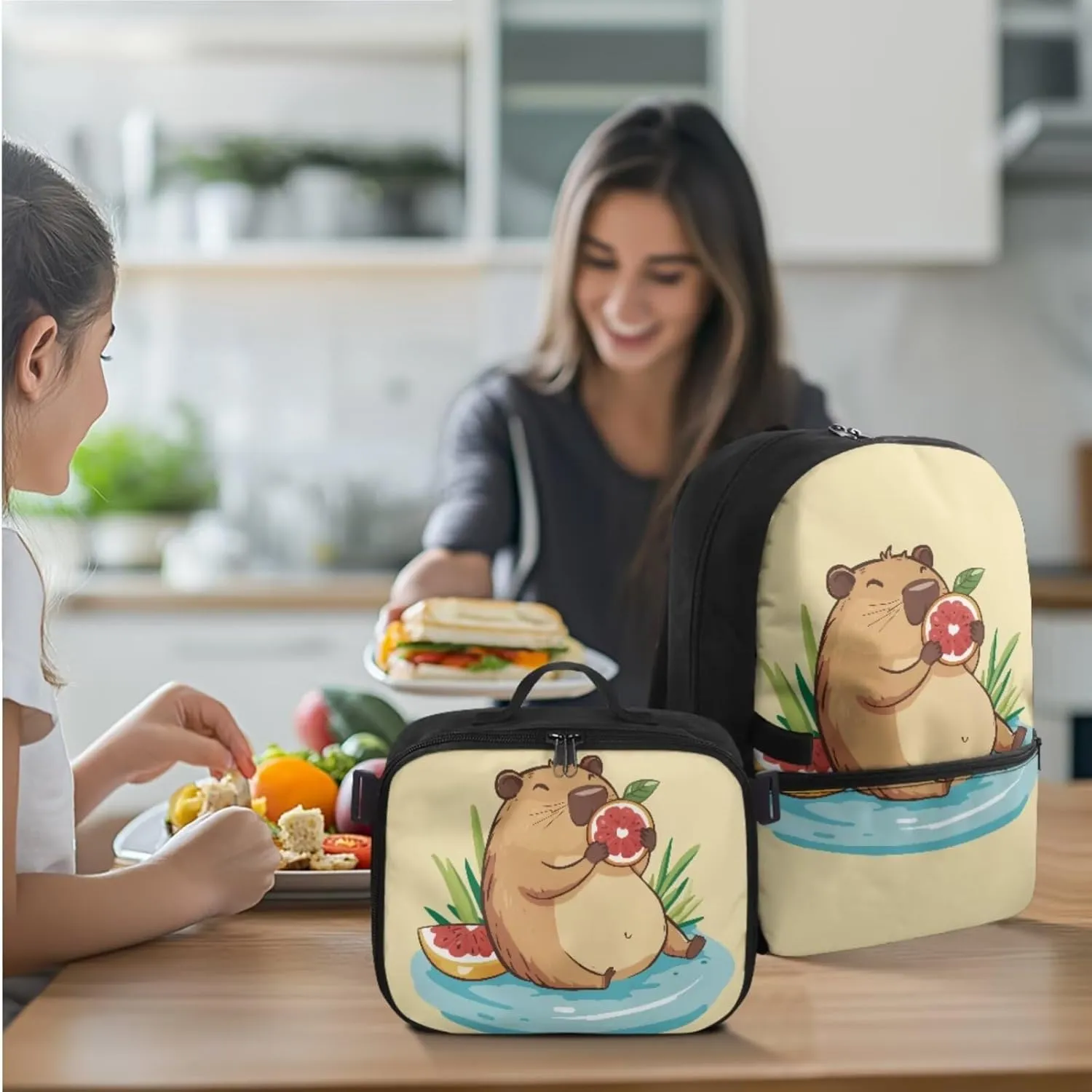 Rnyleeg Capybara Backpack for School with Lunch Bag Cute Girls Backpack Ages 6-8 8-10 10-12 Lightweight Book Bag Set 3 in 1 for Elementary School Casual Bookbag Packsack