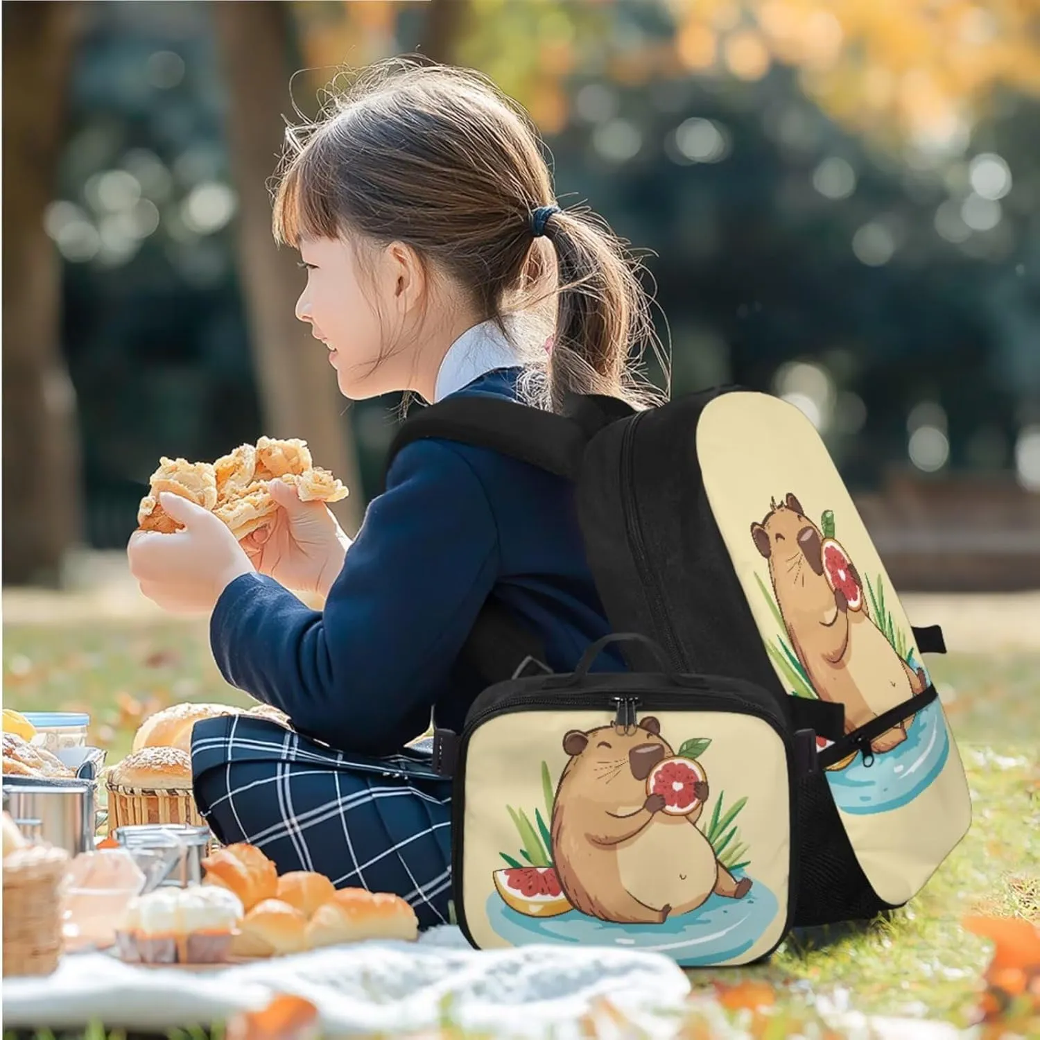 Rnyleeg Capybara Backpack for School with Lunch Bag Cute Girls Backpack Ages 6-8 8-10 10-12 Lightweight Book Bag Set 3 in 1 for Elementary School Casual Bookbag Packsack