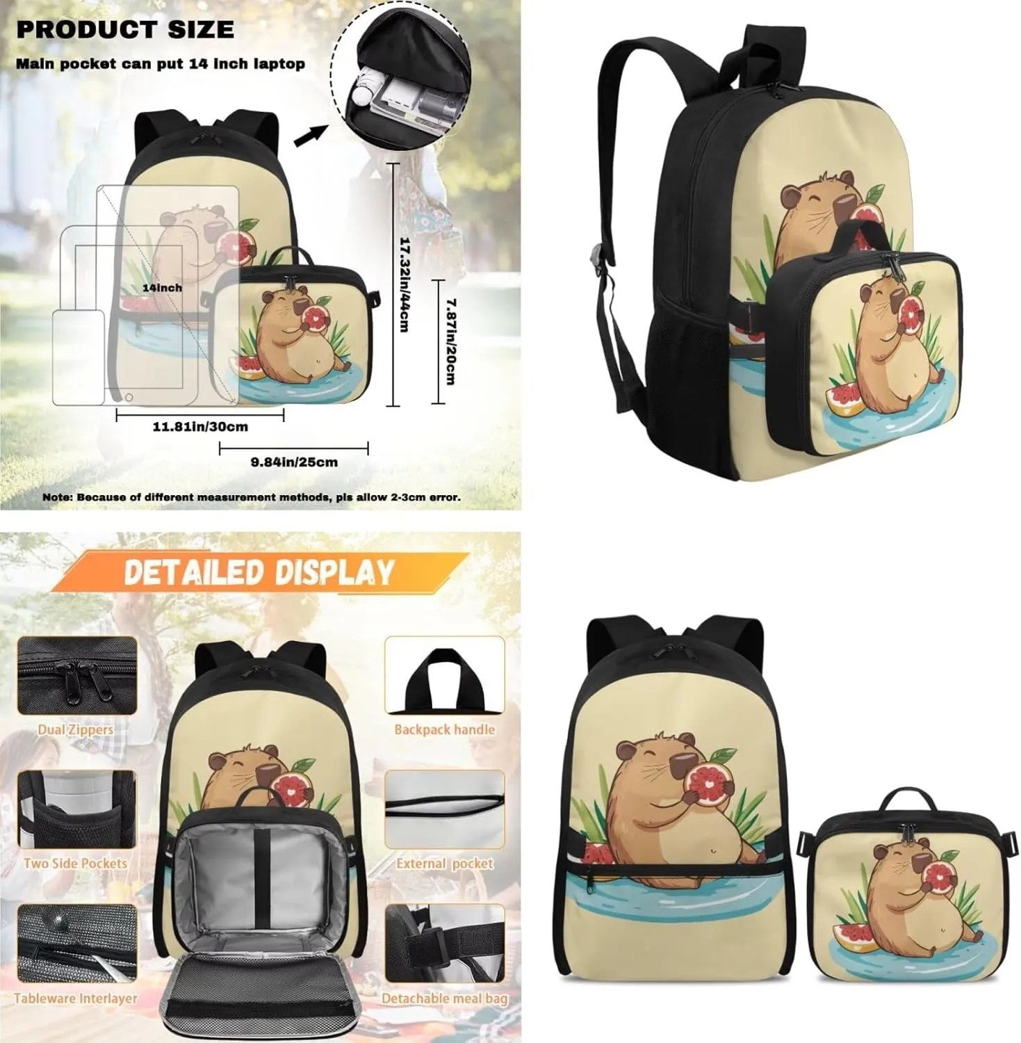 Rnyleeg Capybara Backpack for School with Lunch Bag Cute Girls Backpack Ages 6-8 8-10 10-12 Lightweight Book Bag Set 3 in 1 for Elementary School Casual Bookbag Packsack