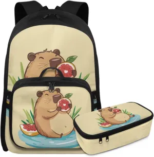 Rnyleeg Capybara Backpack for School with Lunch Bag Cute Girls Backpack Ages 6-8 8-10 10-12 Lightweight Book Bag Set 3 in 1 for Elementary School Casual Bookbag Packsack