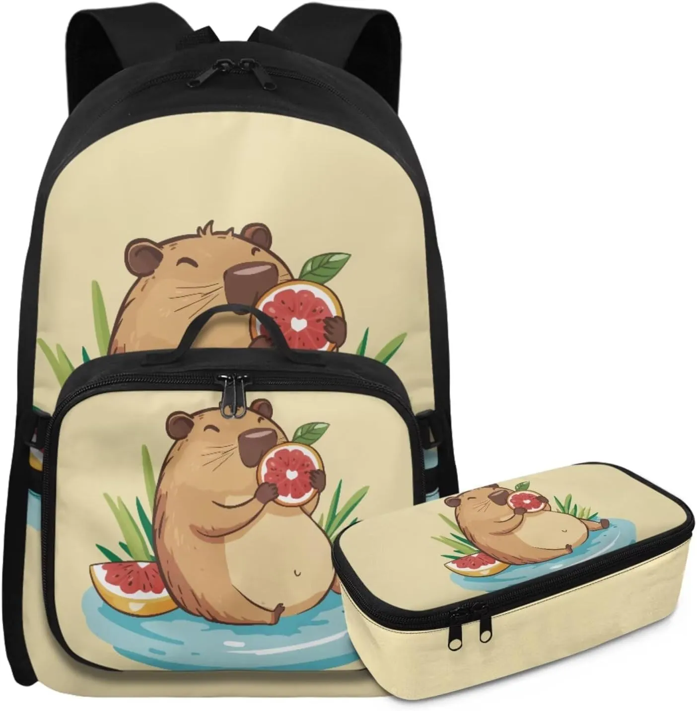 Rnyleeg Capybara Backpack for School with Lunch Bag Cute Girls Backpack Ages 6-8 8-10 10-12 Lightweight Book Bag Set 3 in 1 for Elementary School Casual Bookbag Packsack