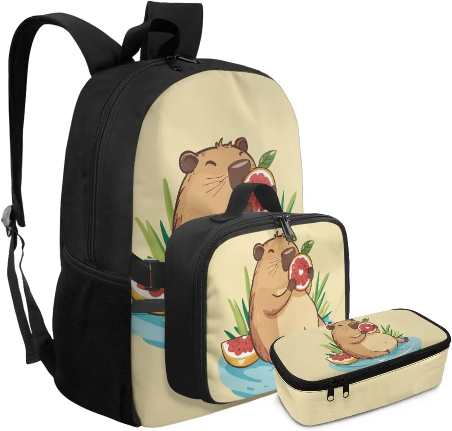 Rnyleeg Capybara Backpack for School with Lunch Bag Cute Girls Backpack Ages 6-8 8-10 10-12 Lightweight Book Bag Set 3 in 1 for Elementary School Casual Bookbag Packsack