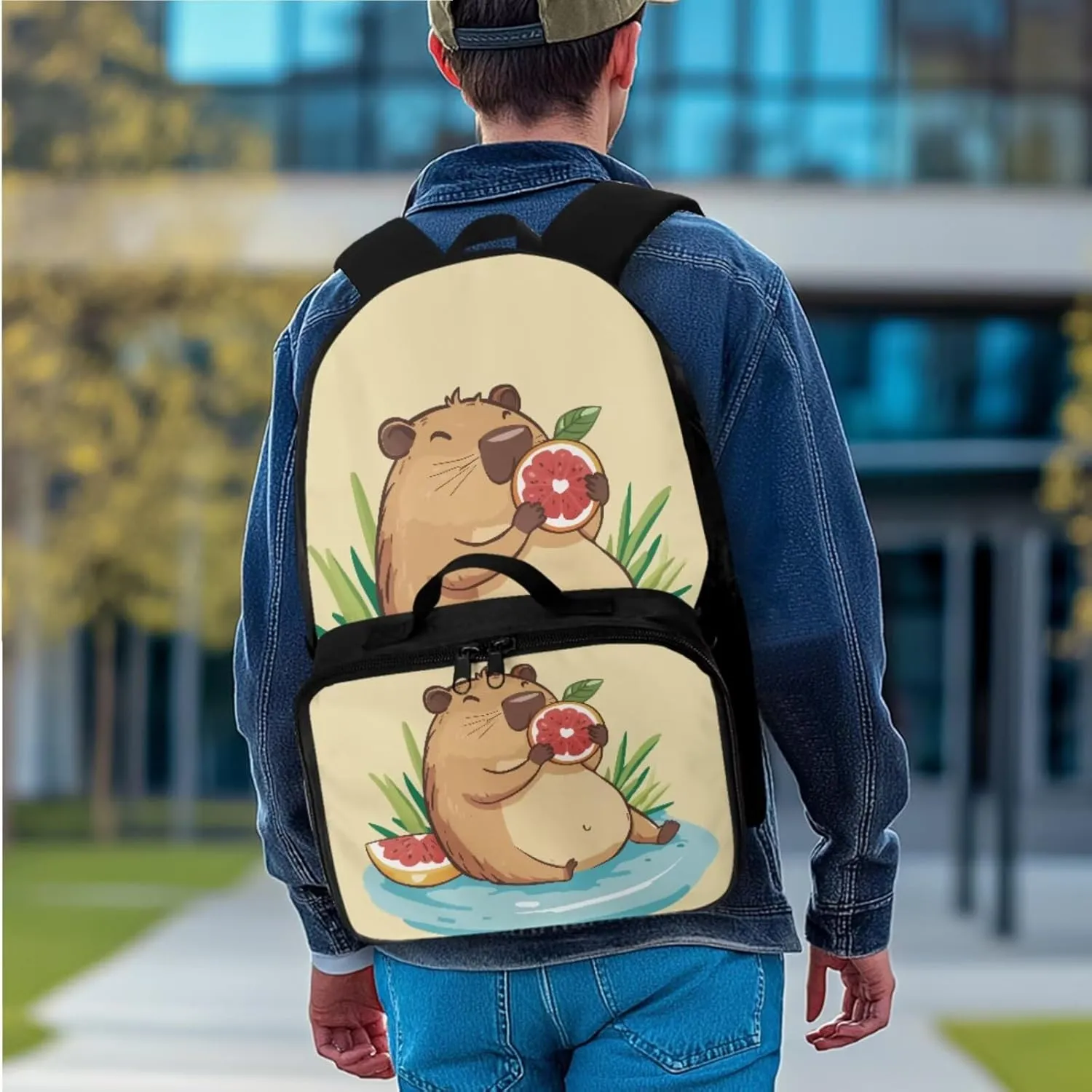 Rnyleeg Capybara Backpack for School with Lunch Bag Cute Girls Backpack Ages 6-8 8-10 10-12 Lightweight Book Bag Set 3 in 1 for Elementary School Casual Bookbag Packsack