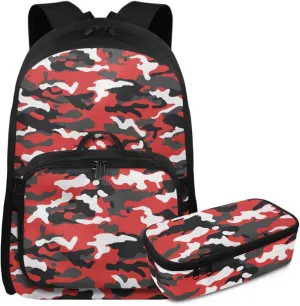 Rnyleeg Red Camo School Backpack for Boys Lightweight Boys Backpack 6-8 8-12 with Lunch Bag 17 Inch Primary School Bag Set 3 in 1 Casual Travel Camping Packsack